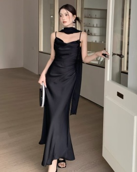 Package hip pinched waist dress sling folds long dress