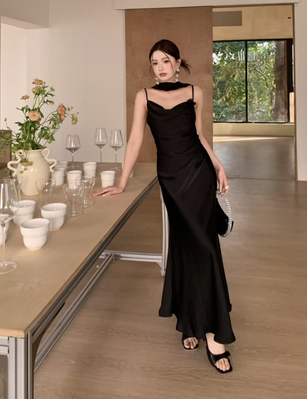 Package hip pinched waist dress sling folds long dress