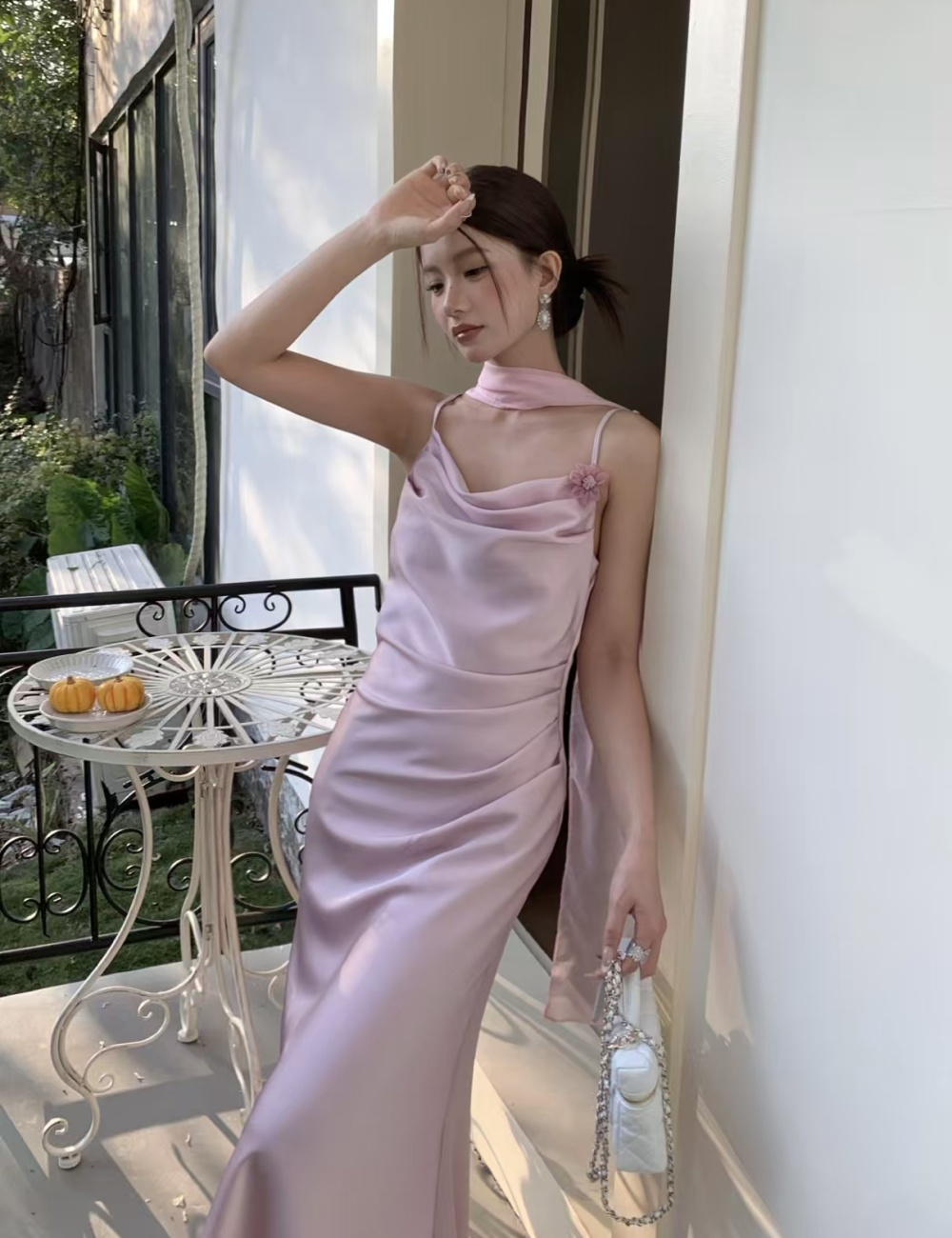 Package hip pinched waist dress sling folds long dress