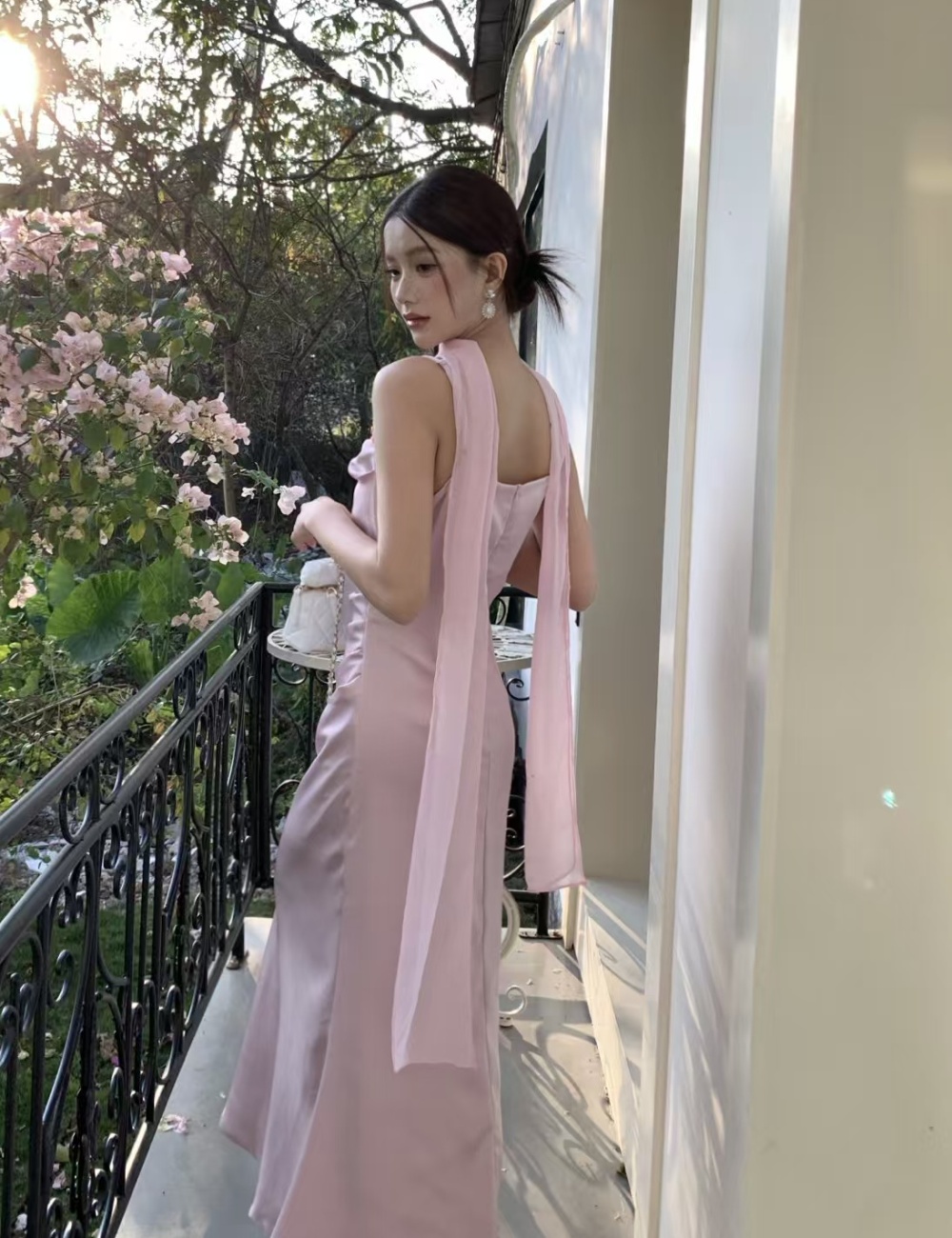 Package hip pinched waist dress sling folds long dress