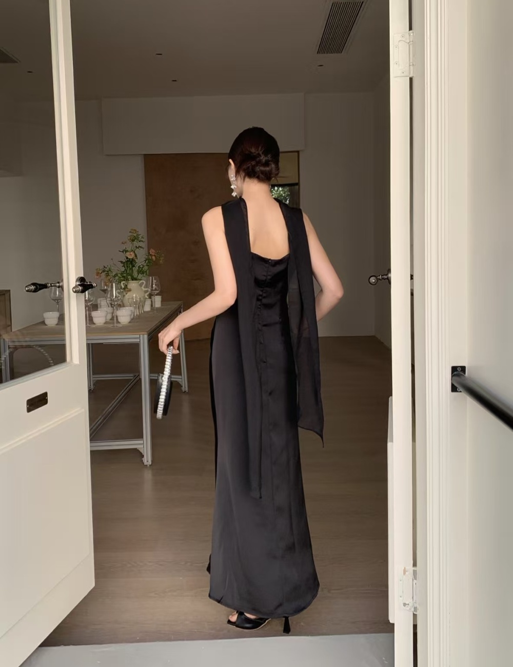 Package hip pinched waist dress sling folds long dress