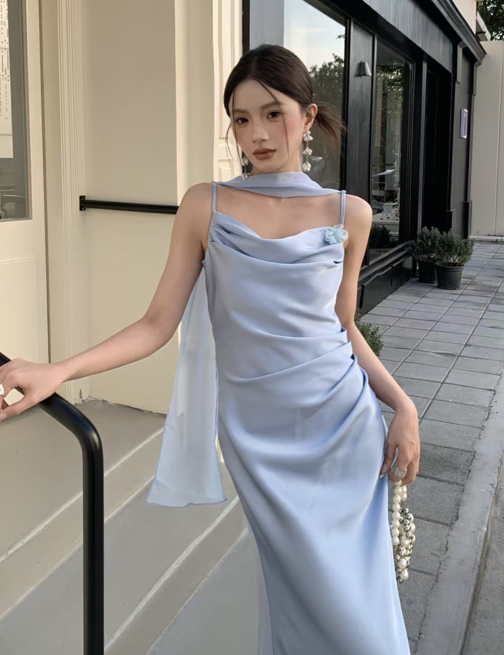 Package hip pinched waist dress sling folds long dress