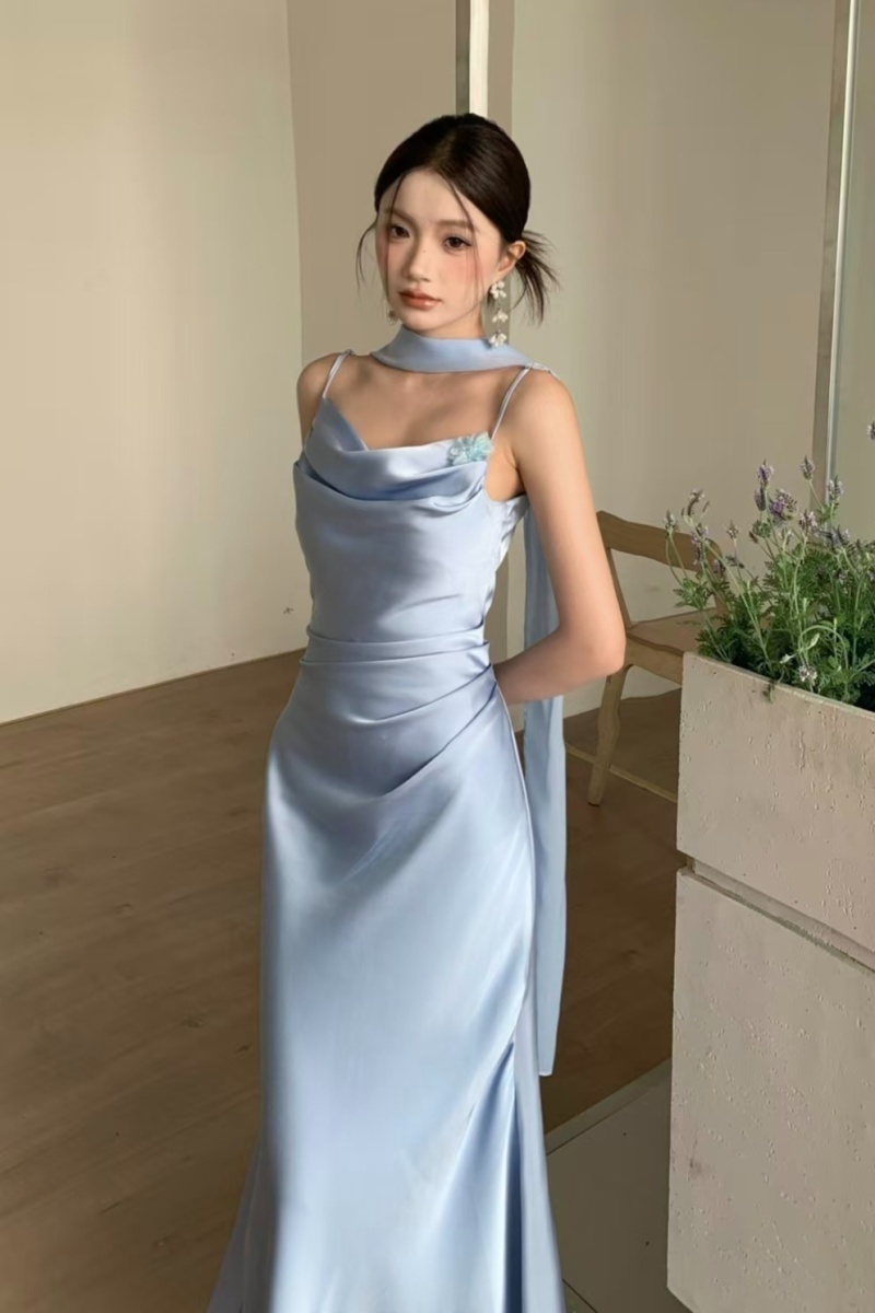 Package hip pinched waist dress sling folds long dress