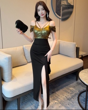 Mixed colors long low-cut dress metal sling formal dress