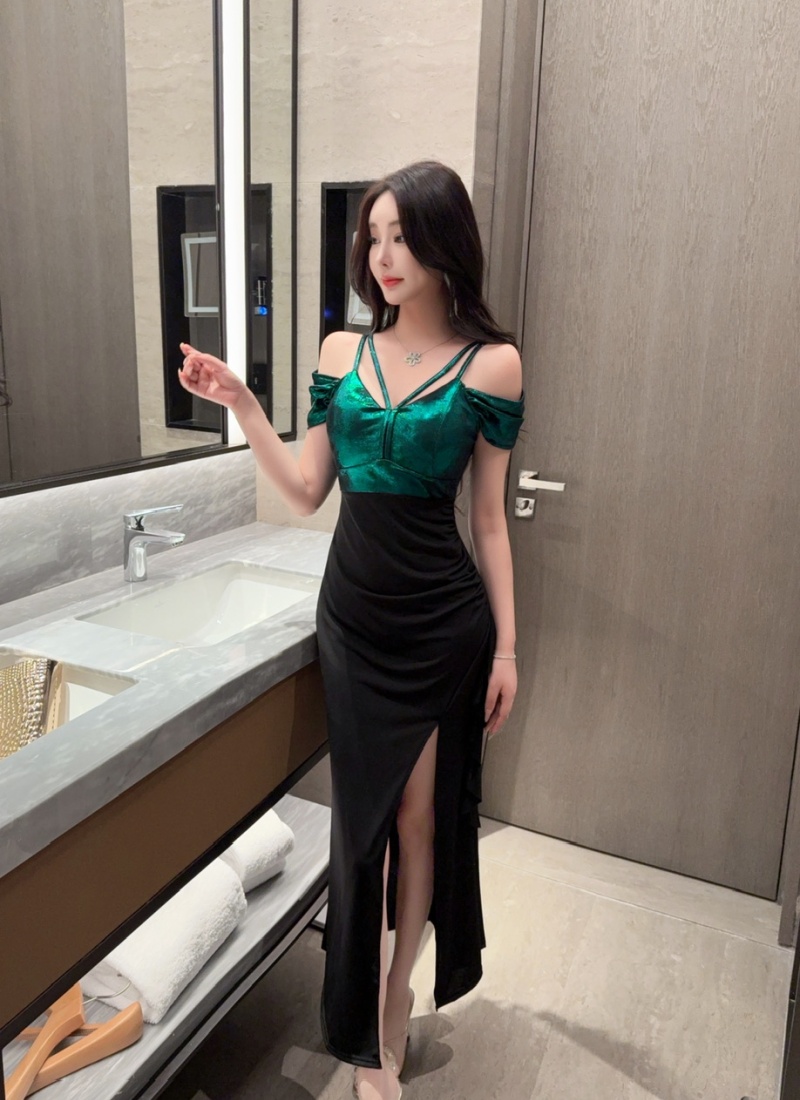 Mixed colors long low-cut dress metal sling formal dress