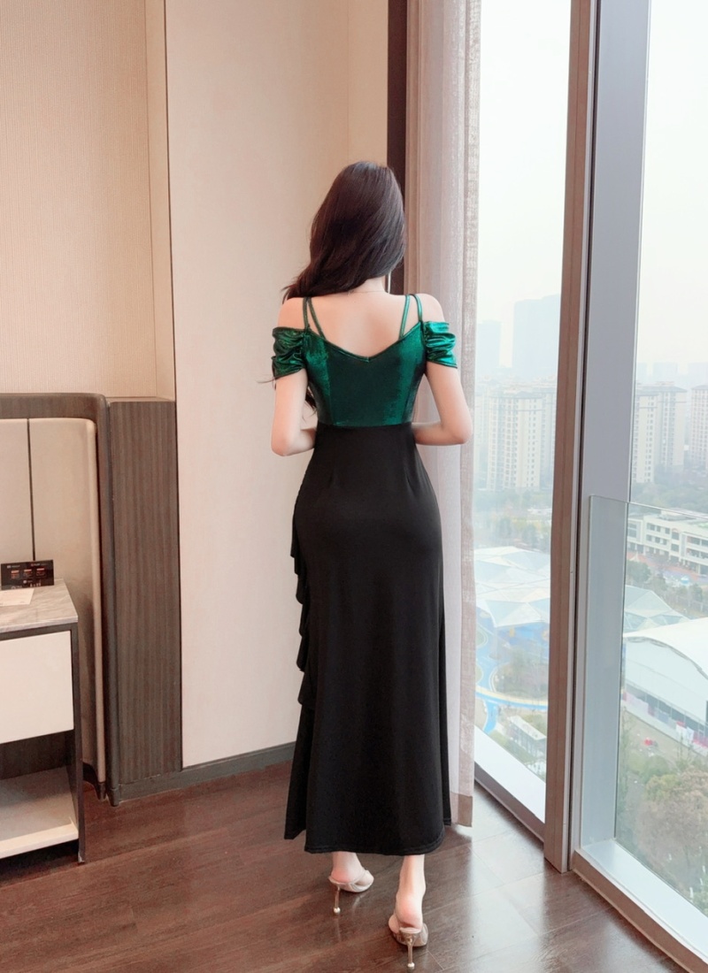 Mixed colors long low-cut dress metal sling formal dress