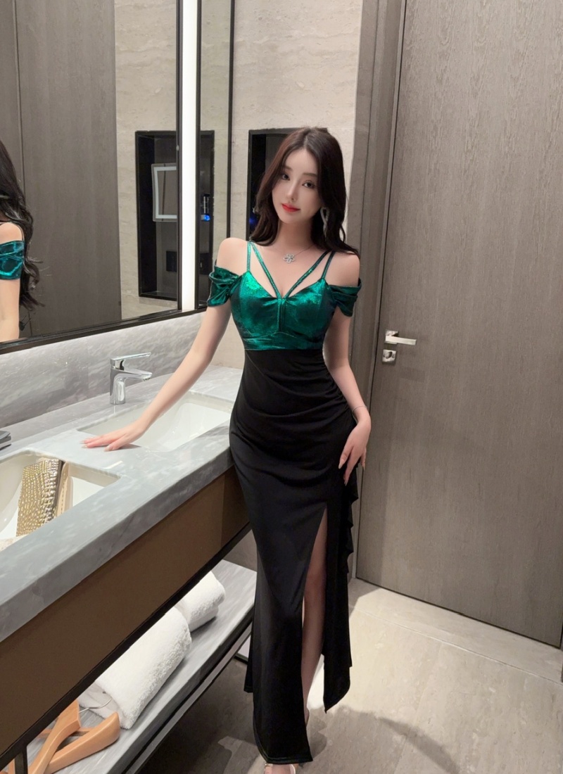 Mixed colors long low-cut dress metal sling formal dress