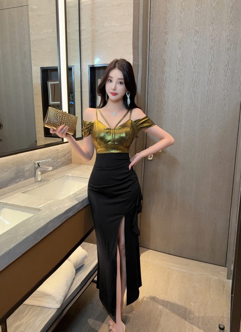 Mixed colors long low-cut dress metal sling formal dress