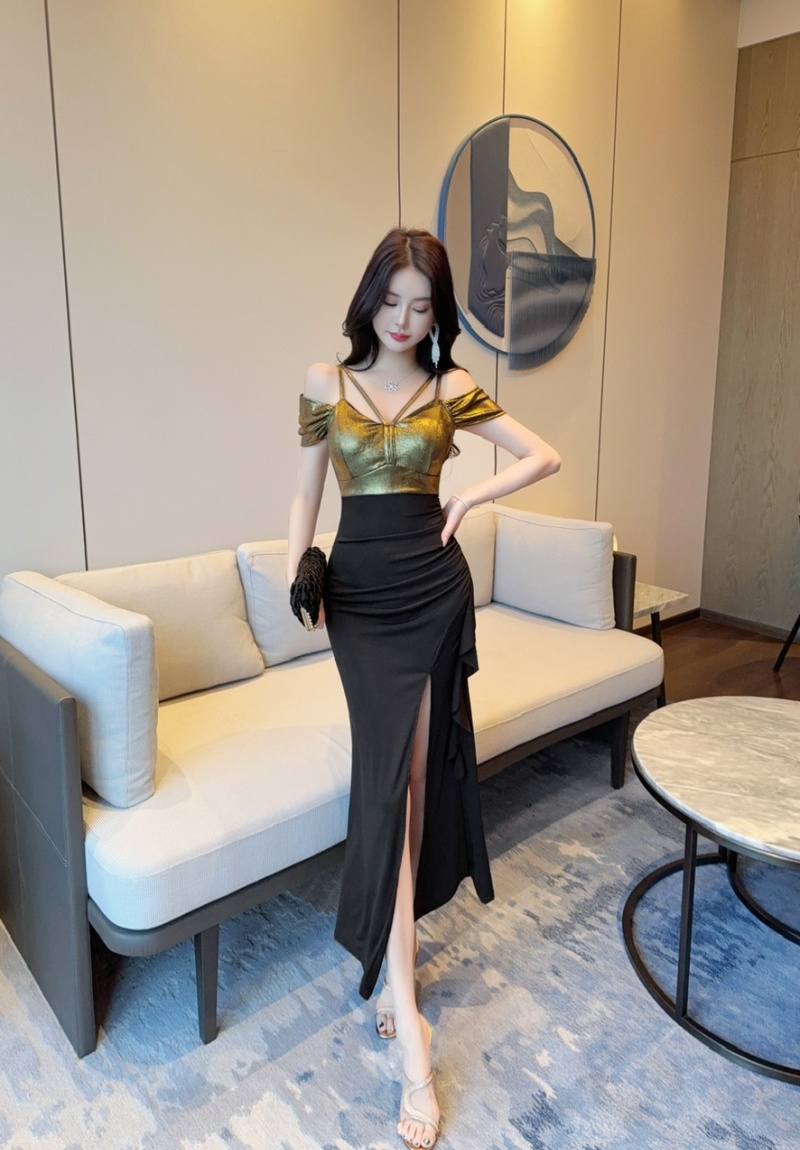 Mixed colors long low-cut dress metal sling formal dress