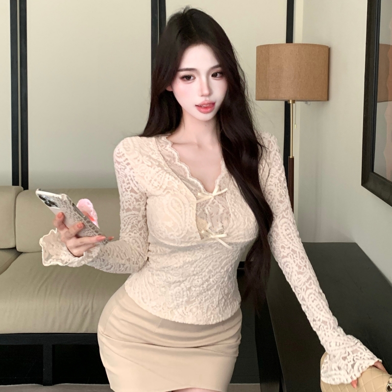 Slim speaker V-neck lace short spicegirl long sleeve tops