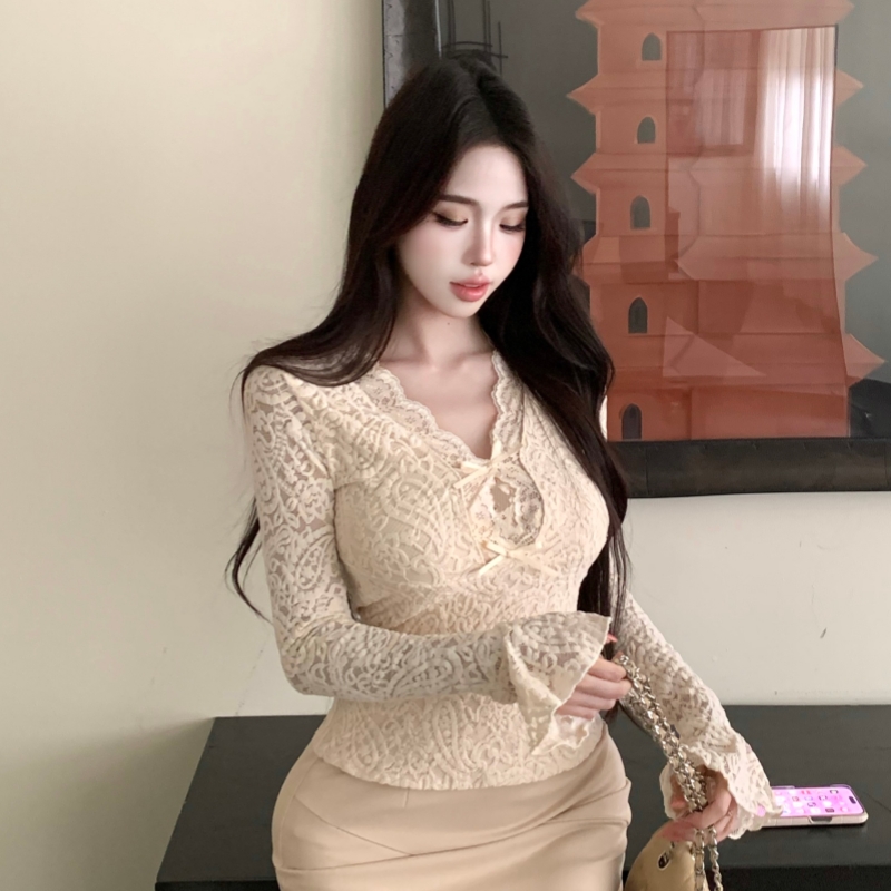 Slim speaker V-neck lace short spicegirl long sleeve tops