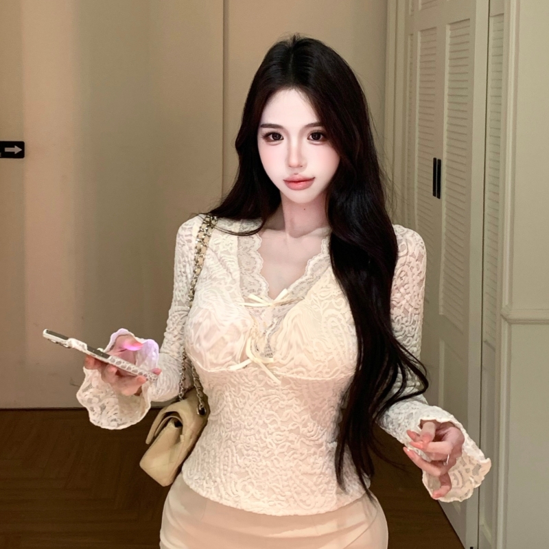 Slim speaker V-neck lace short spicegirl long sleeve tops