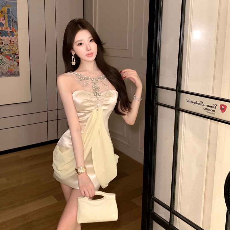 Temperament rhinestone sexy formal dress ladies halter dress