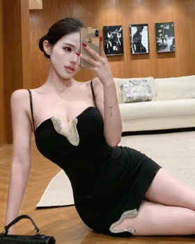 Rhinestone split T-back package hip dress for women