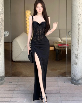 Temperament Pseudo-two lace splice split slim banquet long dress