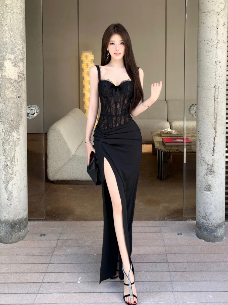 Temperament Pseudo-two lace splice split slim banquet long dress