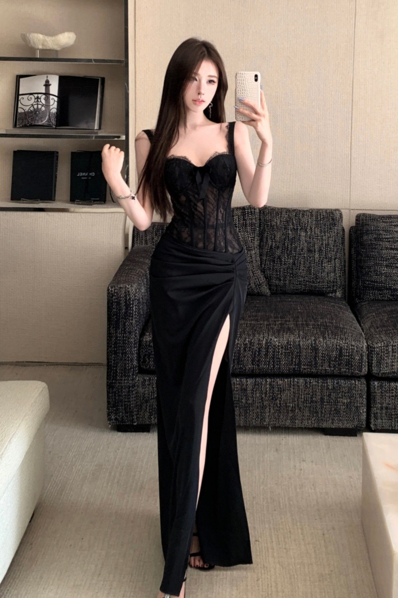 Temperament Pseudo-two lace splice split slim banquet long dress