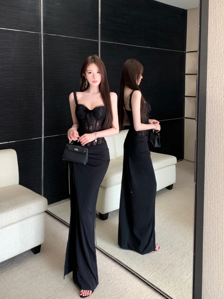 Temperament Pseudo-two lace splice split slim banquet long dress