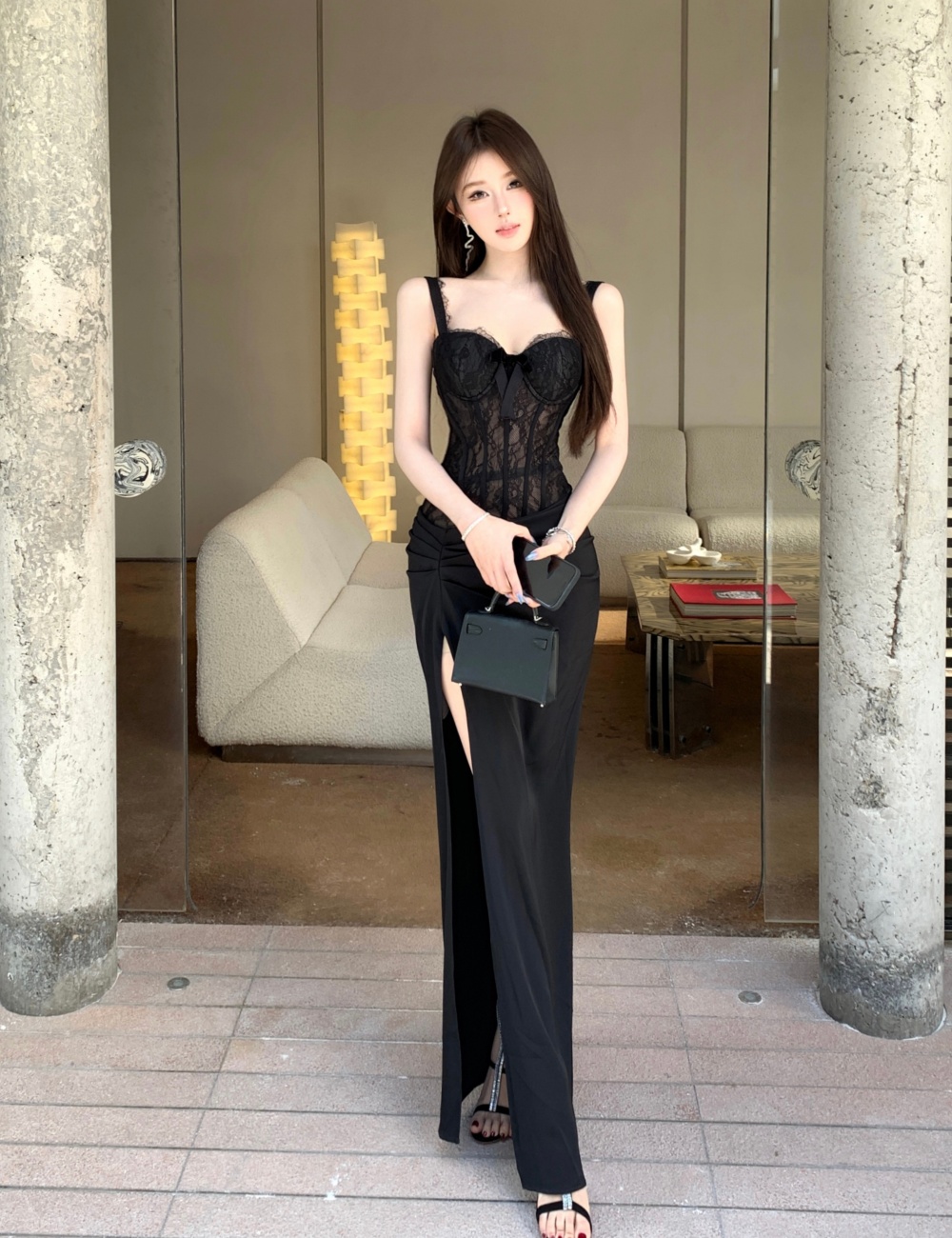 Temperament Pseudo-two lace splice split slim banquet long dress