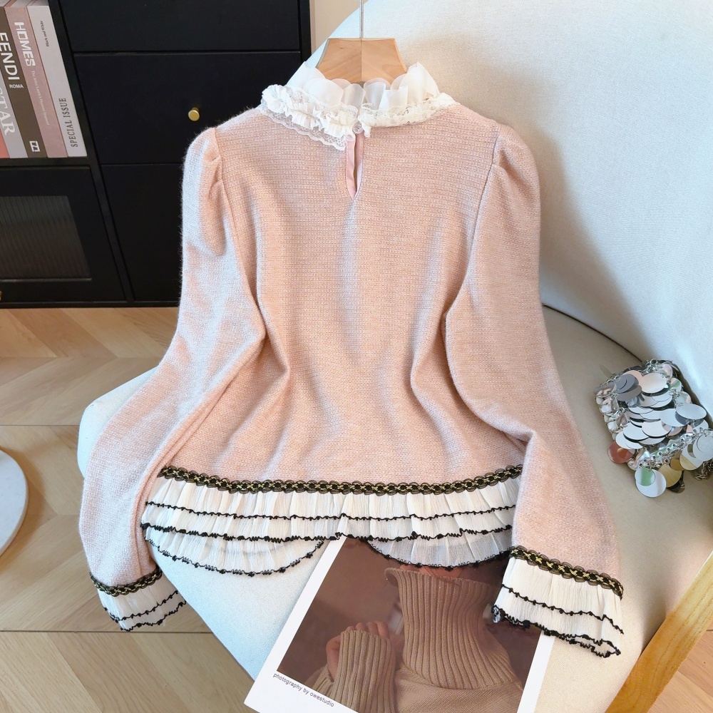 Lace all-match tops mixed colors splice bottoming shirt