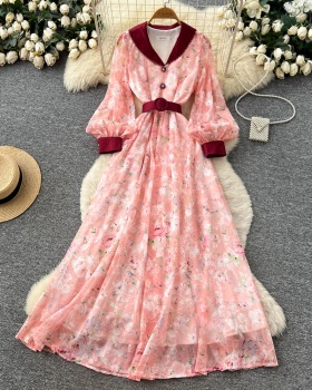 Lantern sleeve high waist long dress Korean style dress for women