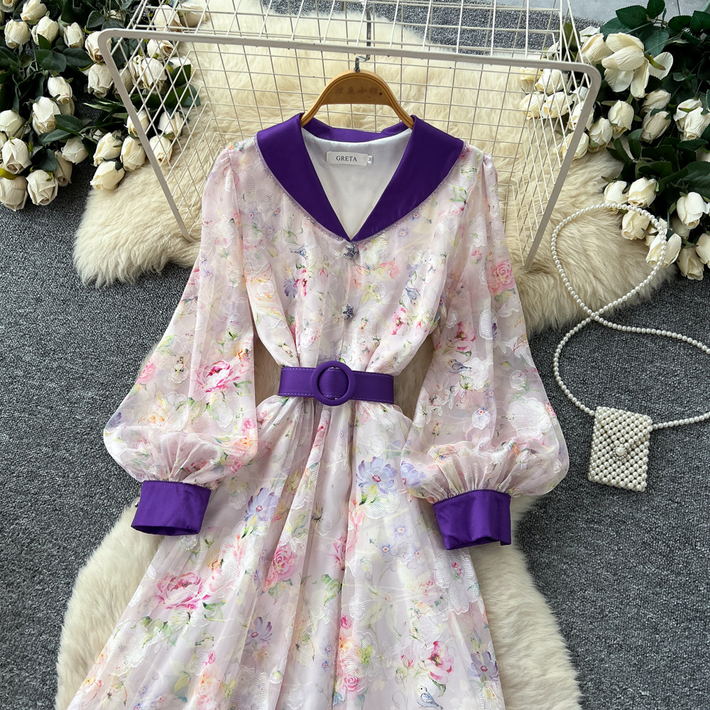 Lantern sleeve high waist long dress Korean style dress for women