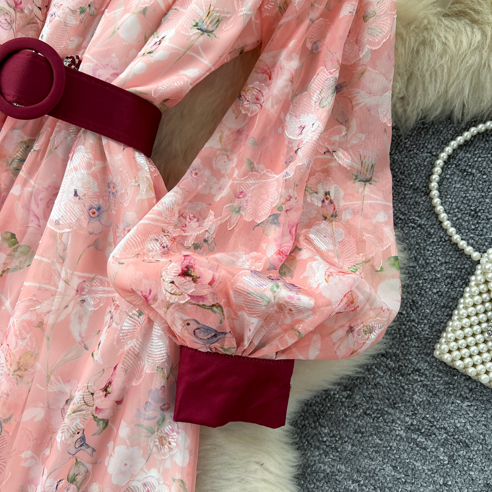 Lantern sleeve high waist long dress Korean style dress for women