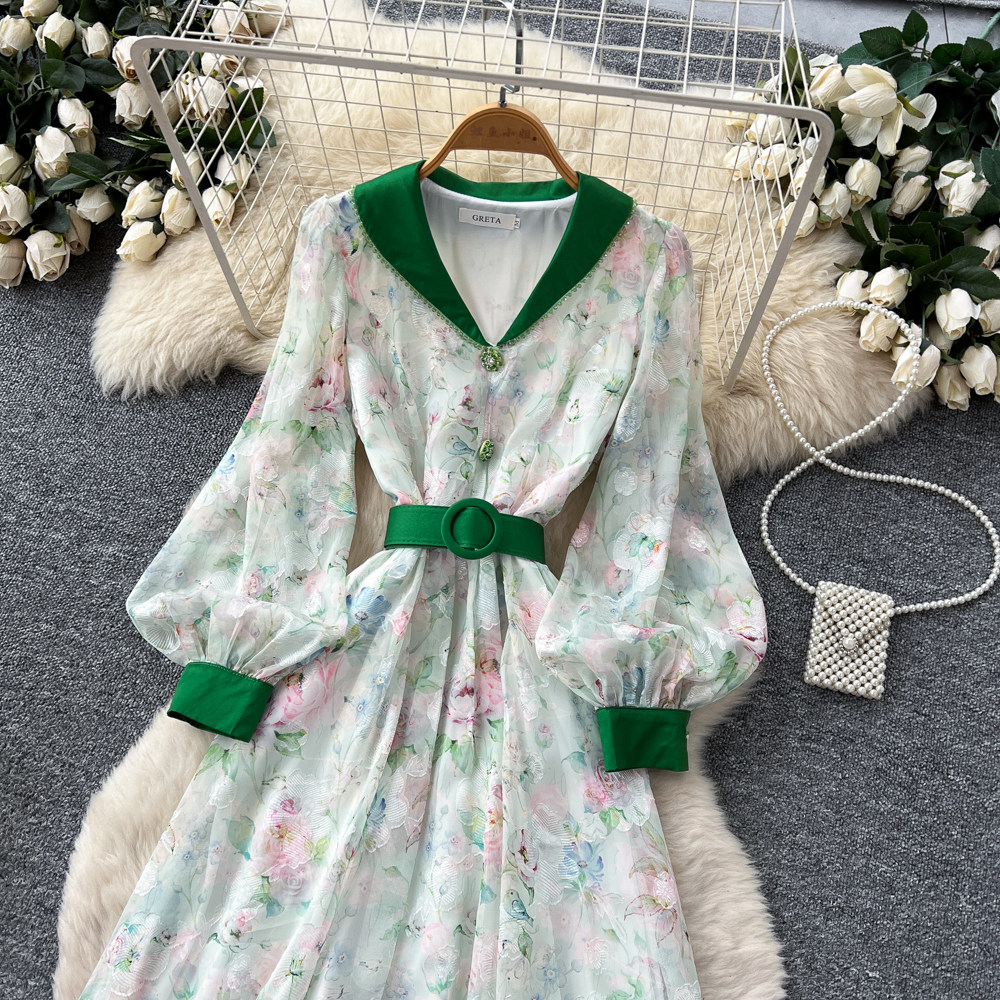 Lantern sleeve high waist long dress Korean style dress for women