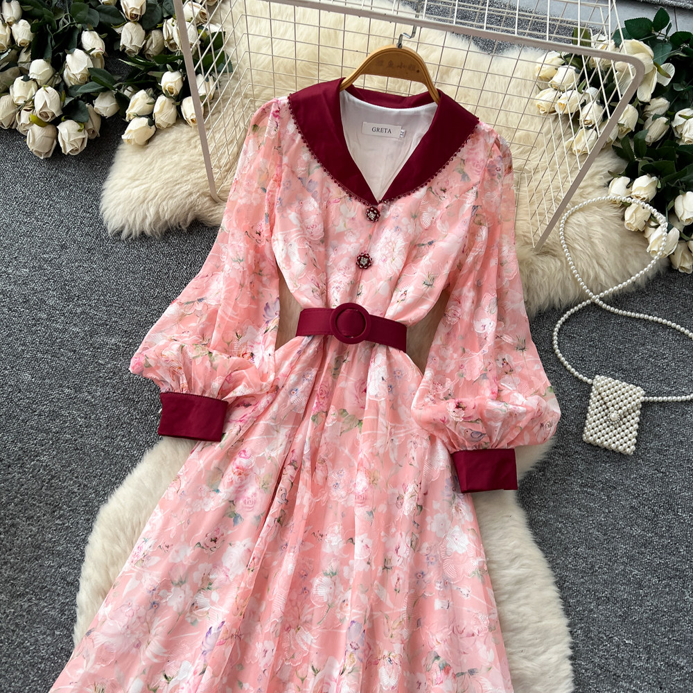 Lantern sleeve high waist long dress Korean style dress for women