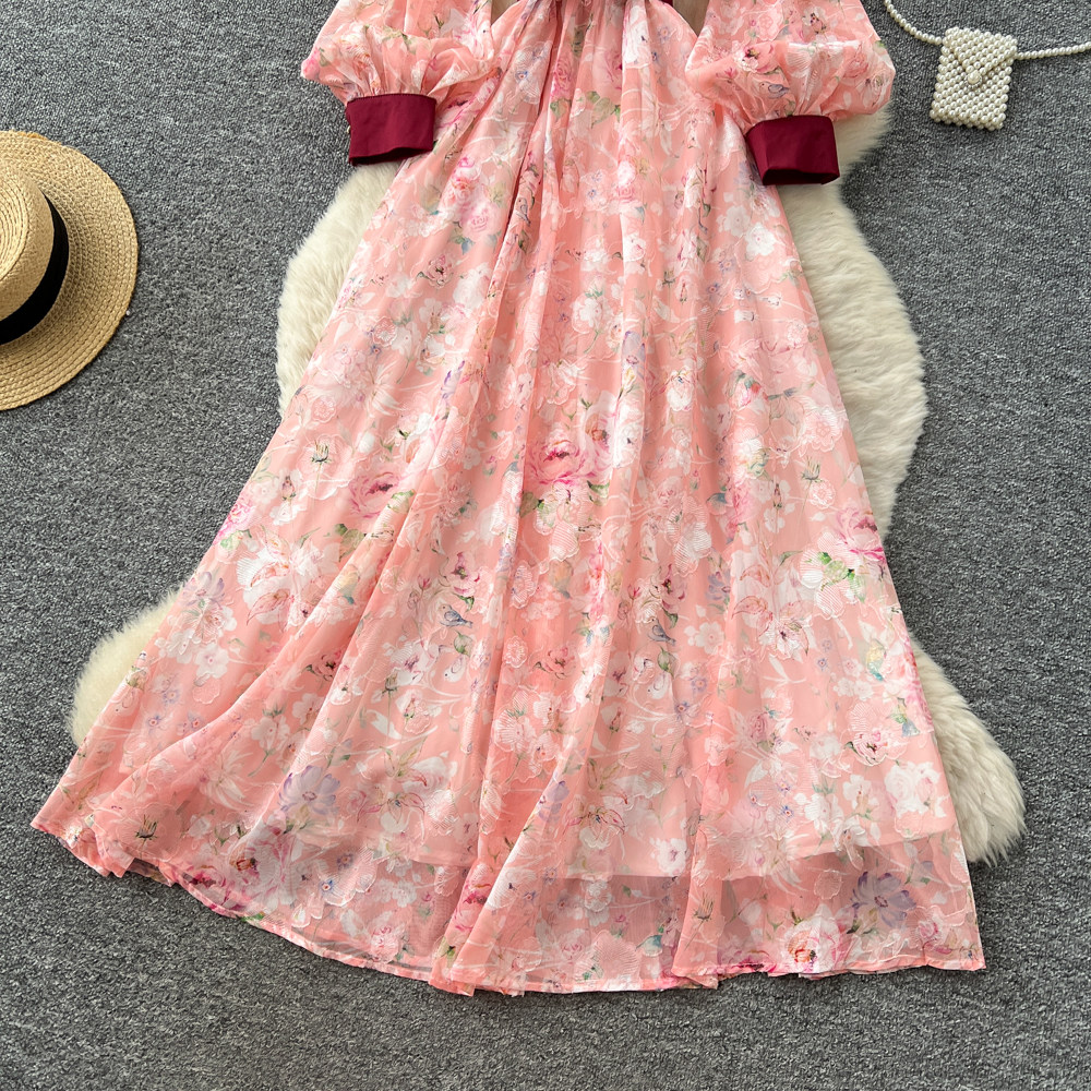 Lantern sleeve high waist long dress Korean style dress for women