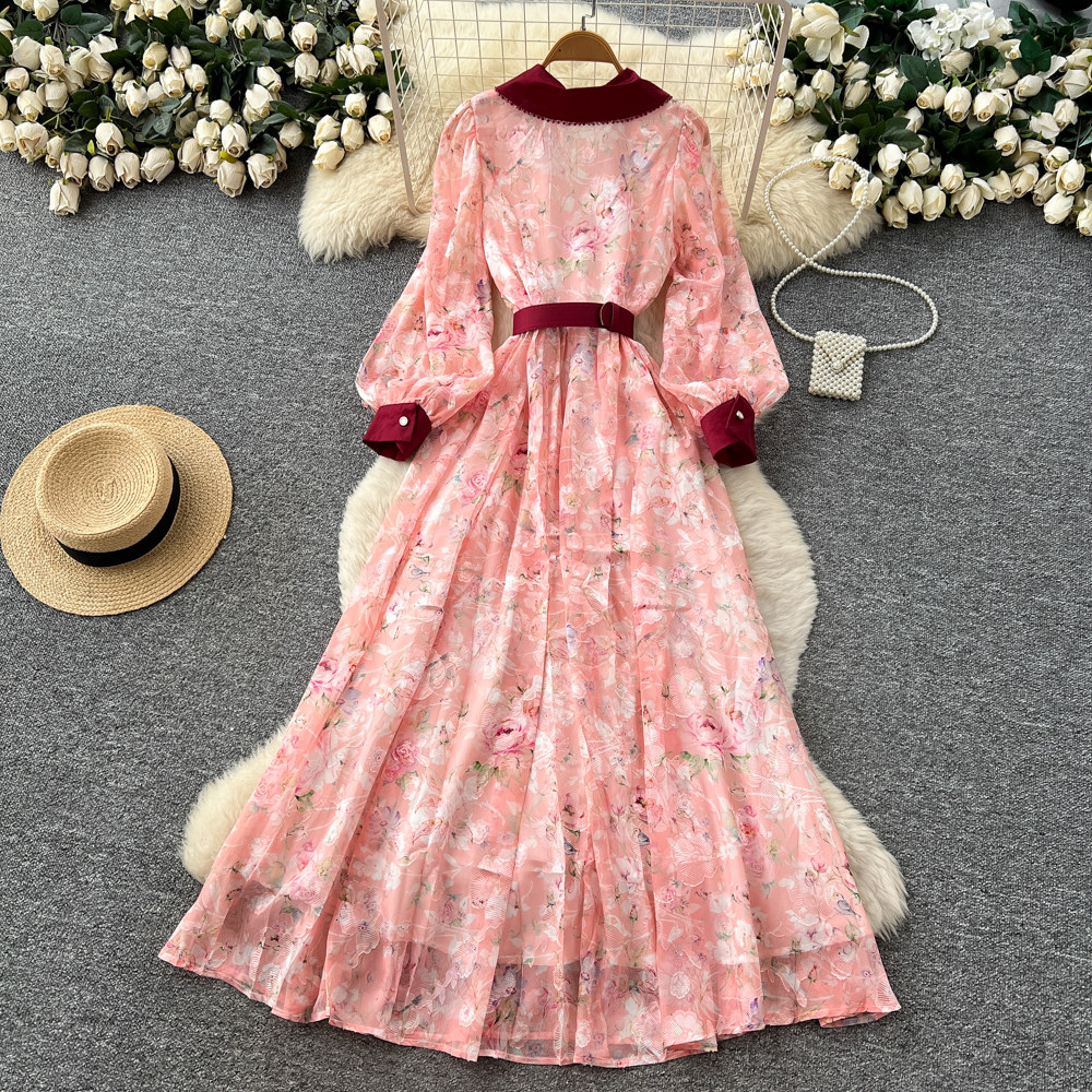 Lantern sleeve high waist long dress Korean style dress for women