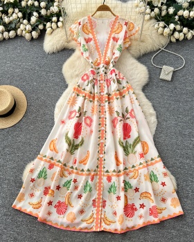 France style V-neck long dress vacation dress for women