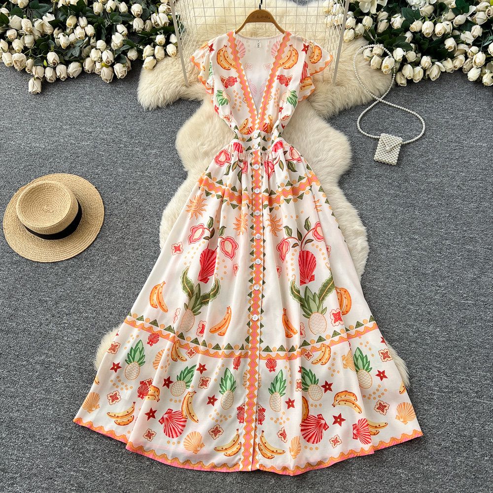 France style V-neck long dress vacation dress for women