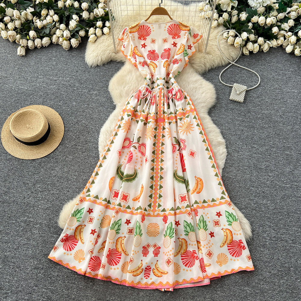 France style V-neck long dress vacation dress for women