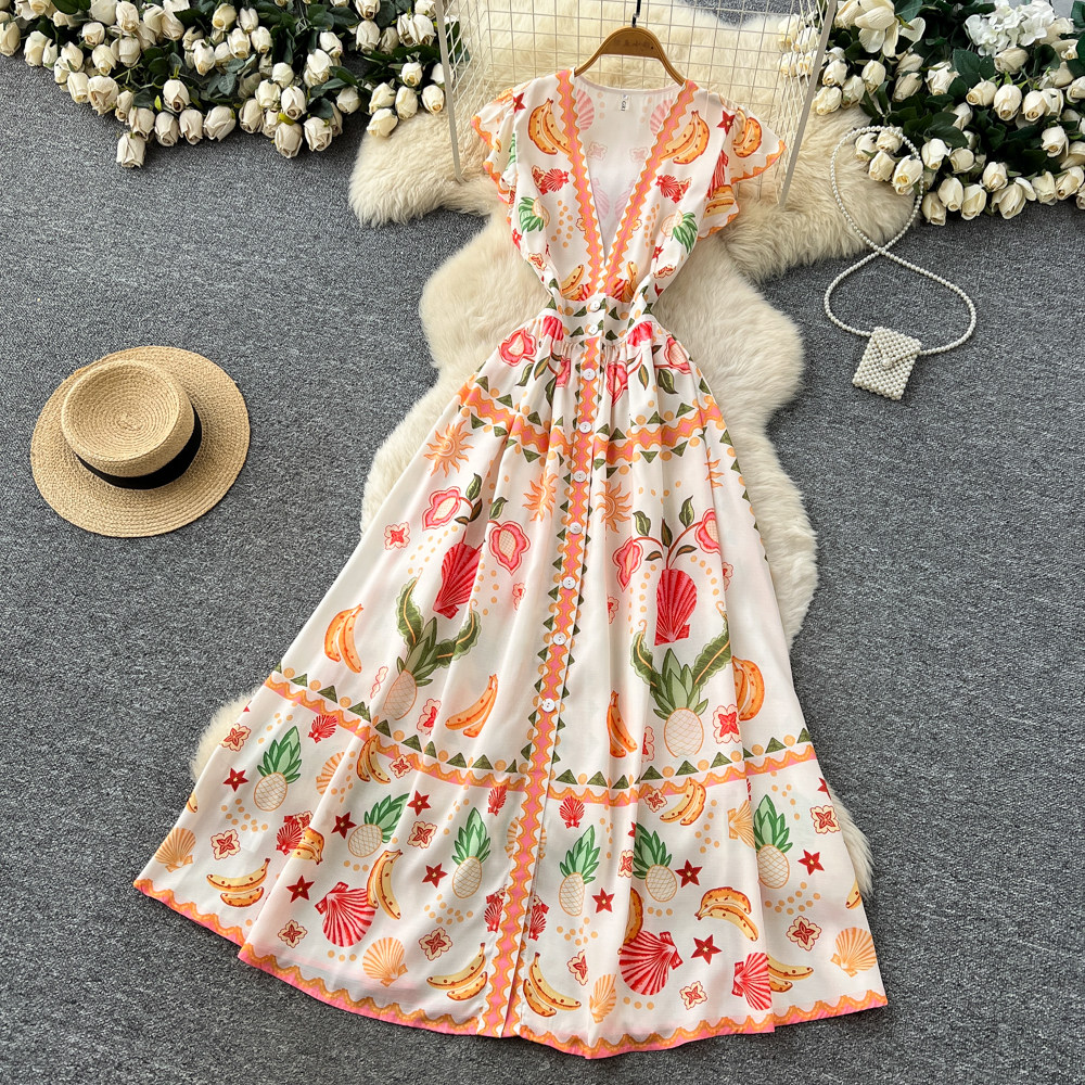 France style V-neck long dress vacation dress for women