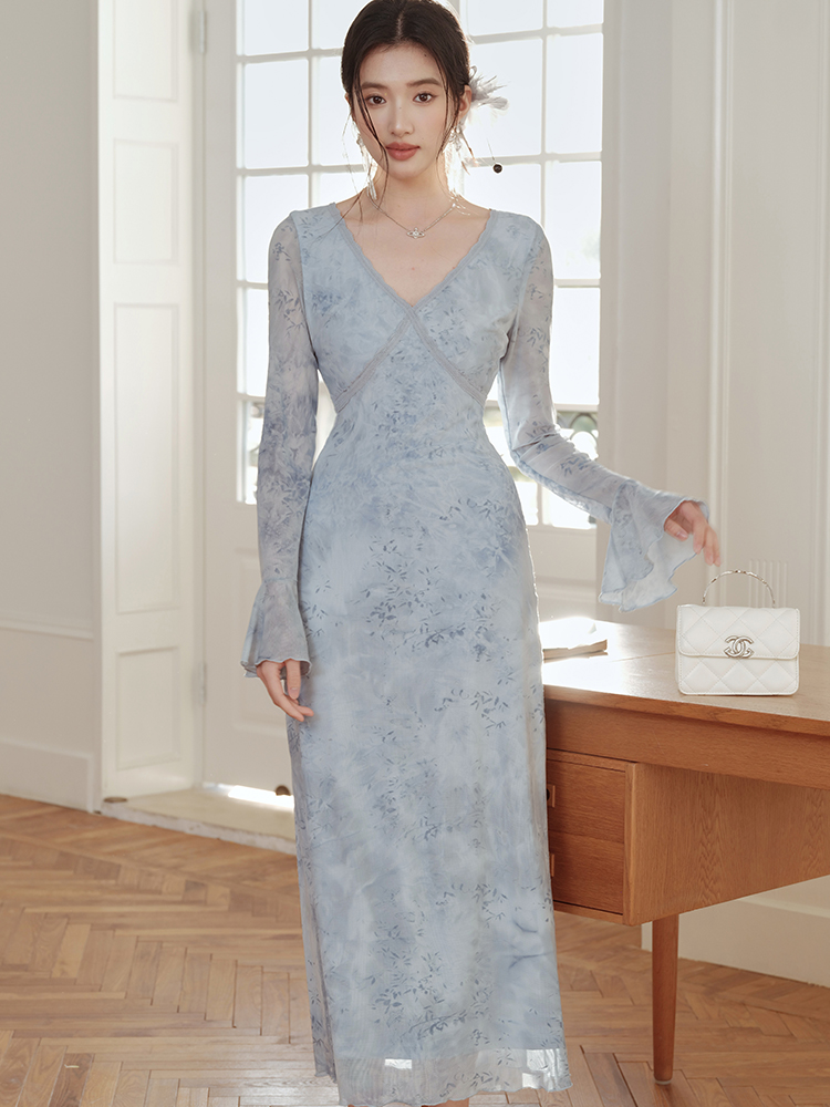 Butterfly blue dress France style long dress