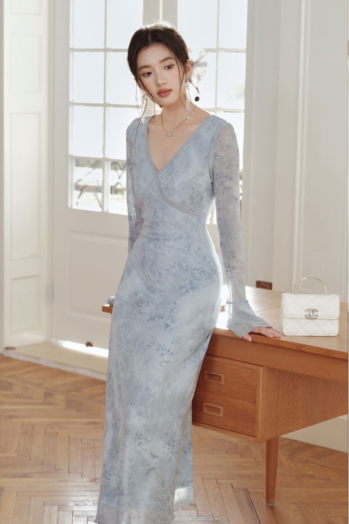 Butterfly blue dress France style long dress