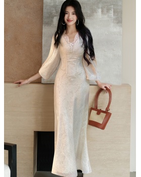 Lace V-neck obscure lady splice puff sleeve dress