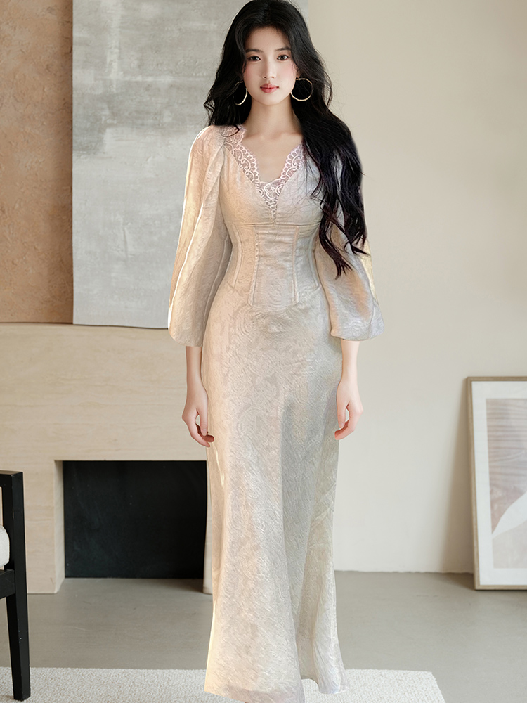 Lace V-neck obscure lady splice puff sleeve dress