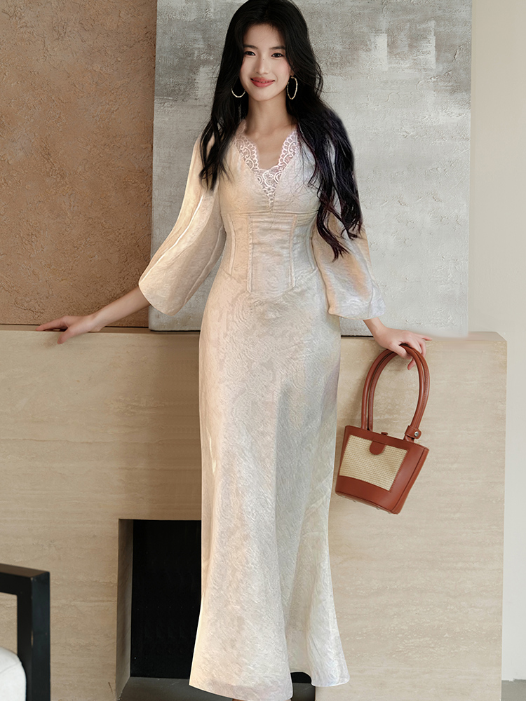 Lace V-neck obscure lady splice puff sleeve dress