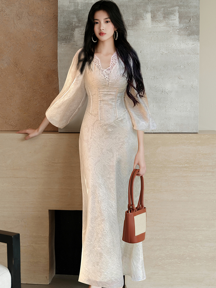 Lace V-neck obscure lady splice puff sleeve dress