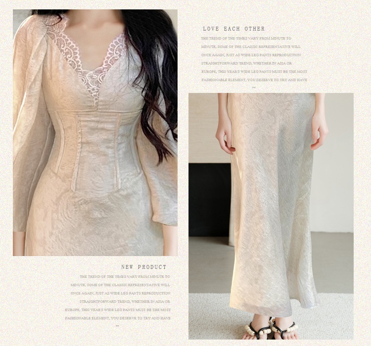 Lace V-neck obscure lady splice puff sleeve dress