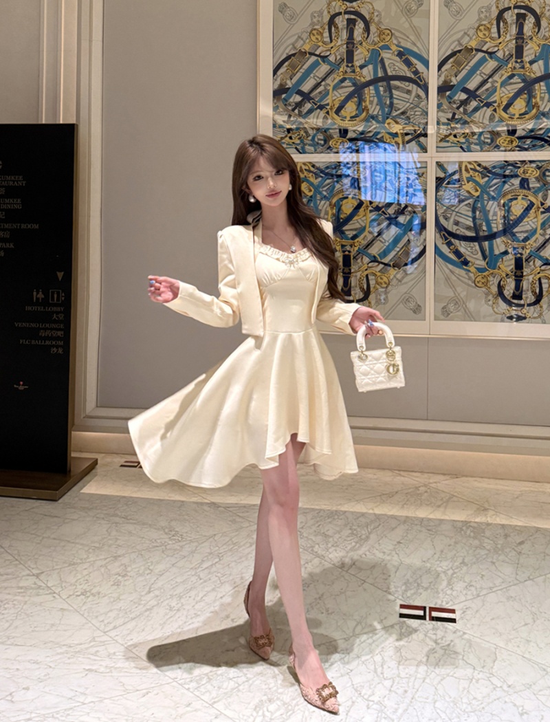 Sexy pinched waist spring dress slim irregular cardigan a set