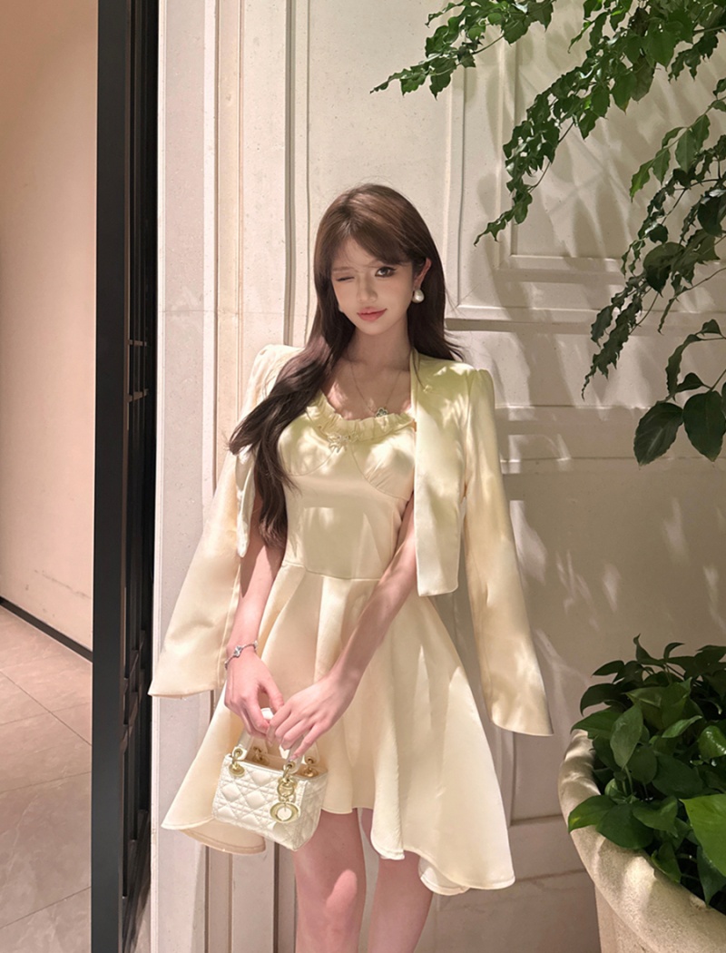 Sexy pinched waist spring dress slim irregular cardigan a set