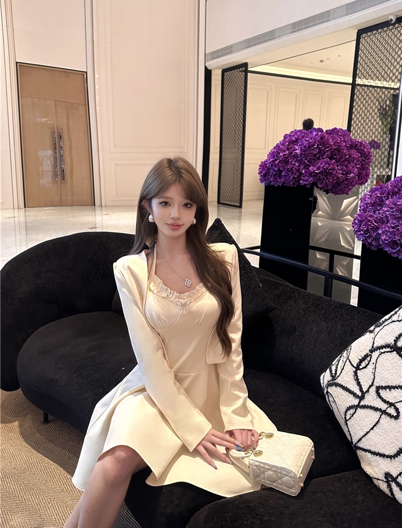 Sexy pinched waist spring dress slim irregular cardigan a set