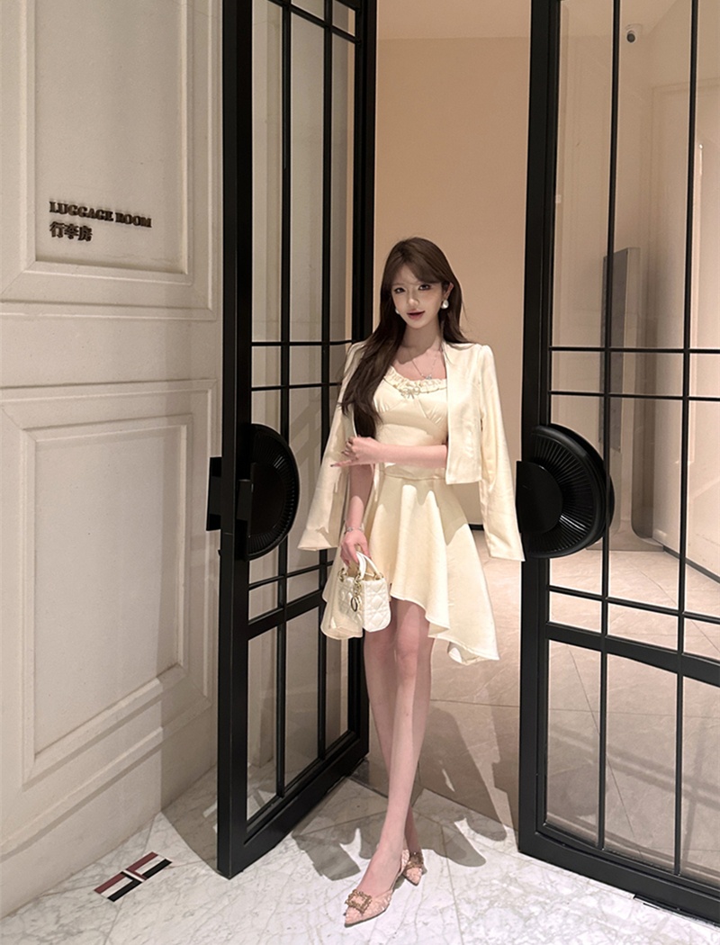 Sexy pinched waist spring dress slim irregular cardigan a set