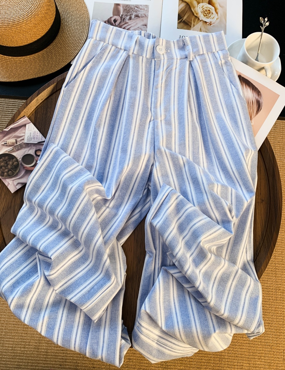 Spring slim suit pants stripe blue casual pants for women