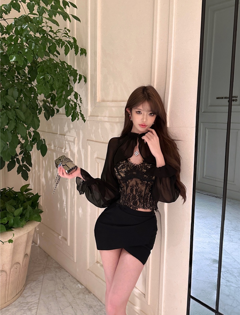 Chiffon lantern sleeve smock retro sexy shawl 2pcs set for women