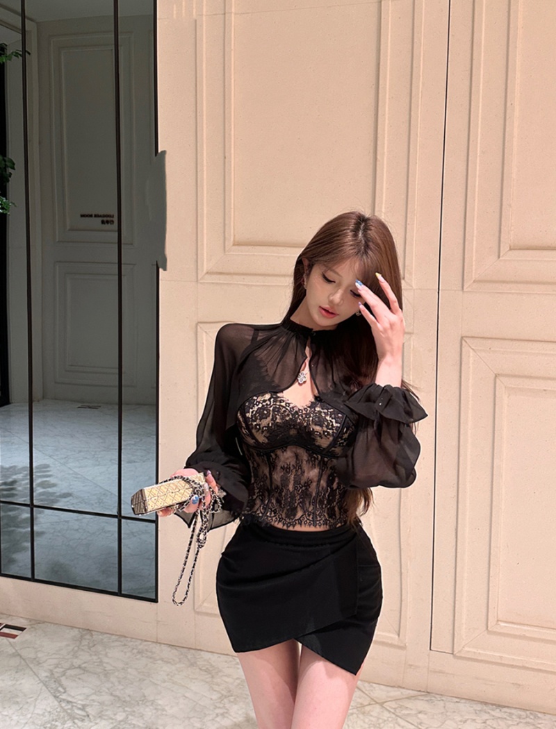 Chiffon lantern sleeve smock retro sexy shawl 2pcs set for women