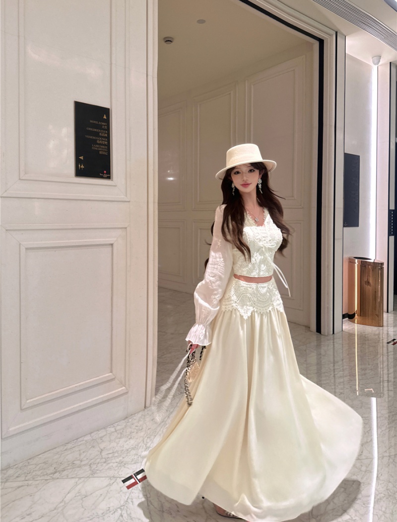 France style long skirt lace tops a set for women